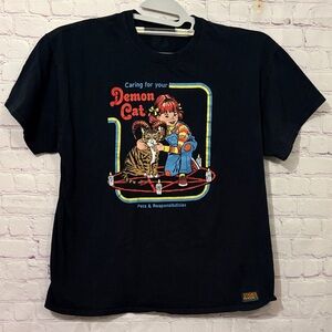 Steven Rhodes Black T-Shirt with Demon Cat Graphic Sz: XL